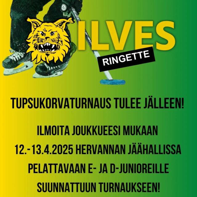 Ilves Ringeten järjestämä perinteikäs Tupsukorvaturnaus tulee jälleen 12.-13.4.2025. Turnaus pelataan Hervannan jäähallissa, jossa lauantaina 12.4. viilettävät 10 E-joukkuetta ja sunnuntaina 13.4. puolestaan 10 D-joukkuetta pääsevät esittelemään taitojaan. Paikat täyttyvät nopeasti, joten ilmoita joukkueesi mukaan mahdollisimman pian! Tervetuloa! 💛💚 

📢: Tupsukorvaturnaus 
🗓: 12.-13.4.2025
📍: Hervannan jäähalli
💸: Turnausmaksu 560€ & ruokailu 12€/hlö
📧: Ilmoittaudu: jari.hauta-alus@ilves.fi 

@ringettefinland
@ilves_ry
@lsringette 

#ilves #ilvesringette #ringette #meidänjuttu