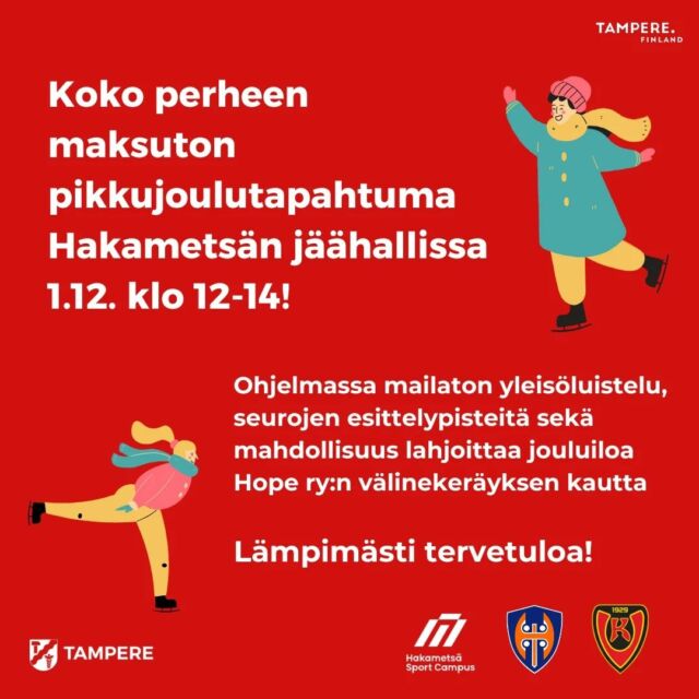 Hakametsä Sport Campus järjestää yhteistyössä seurojen kanssa koko perheen pikkujoulutapahtuman sunnuntaina 1.12. klo 12:00-14:00 Hakametsän jäähallilla. 

Tapahtumassa pääsee koko perheen voimin luistelemaan sekä tutustumaan eri urheiluseurojen toimintaan. Myös Ilves Ringette on mukana.

Tervetuloa paikanpäälle nauttimaan joulutunnelmasta! 🧑‍🎄

#ilves #ilvesringette #ringette #meidänjuttu 

@ilves_ry 
@lsringette